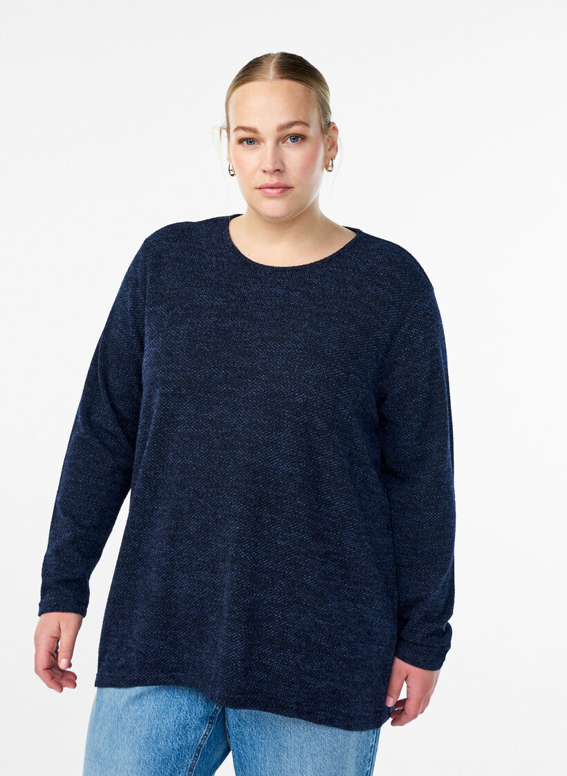 Blouse &agrave; manches longues avec texture, Bleu, Model image number 0