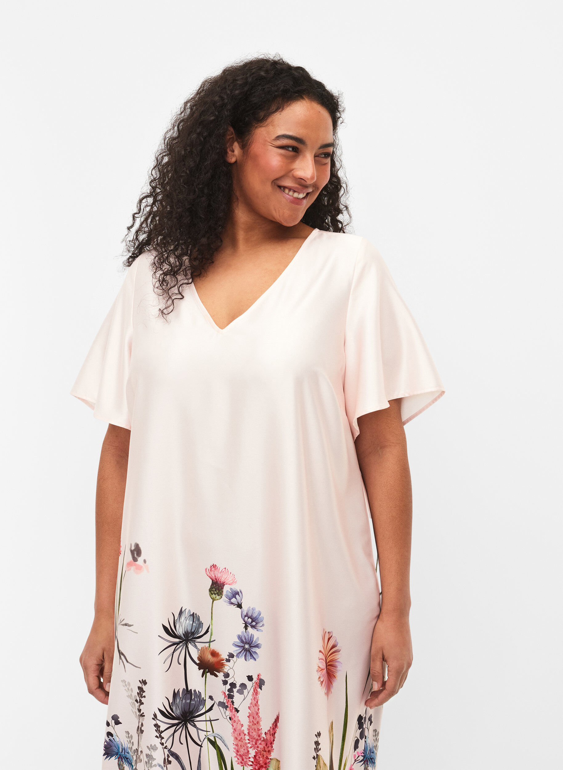 Zizzi Robe &agrave; la taille avec imprim&eacute; floral et manches courtes, White Sand, Model image number 2