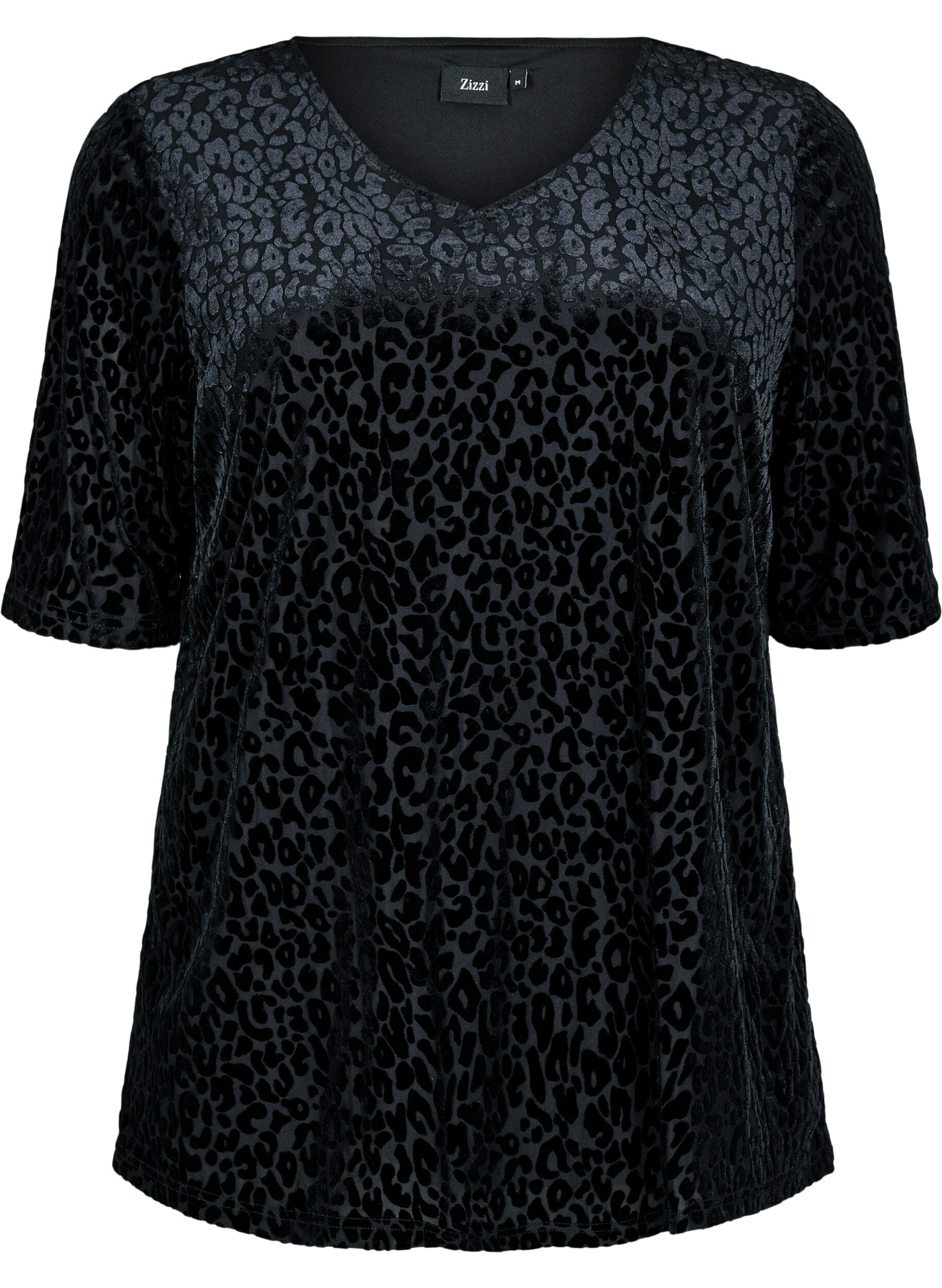 Zizzi Bluse mit kurzen &Auml;rmeln und Leopardenmuster, Schwarz, Packshot image number 0