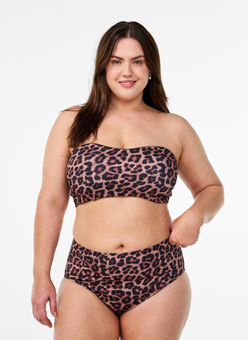 Culotte de bikini taille haute &agrave; imprim&eacute; floral, Marron, Model image number 0