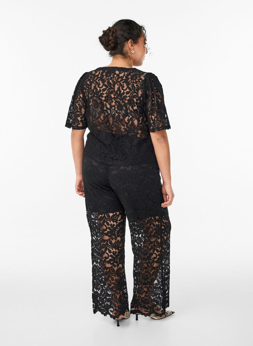 Pantalon taille haute en dentelle &agrave; coupe droite, Noir, Model image number 2