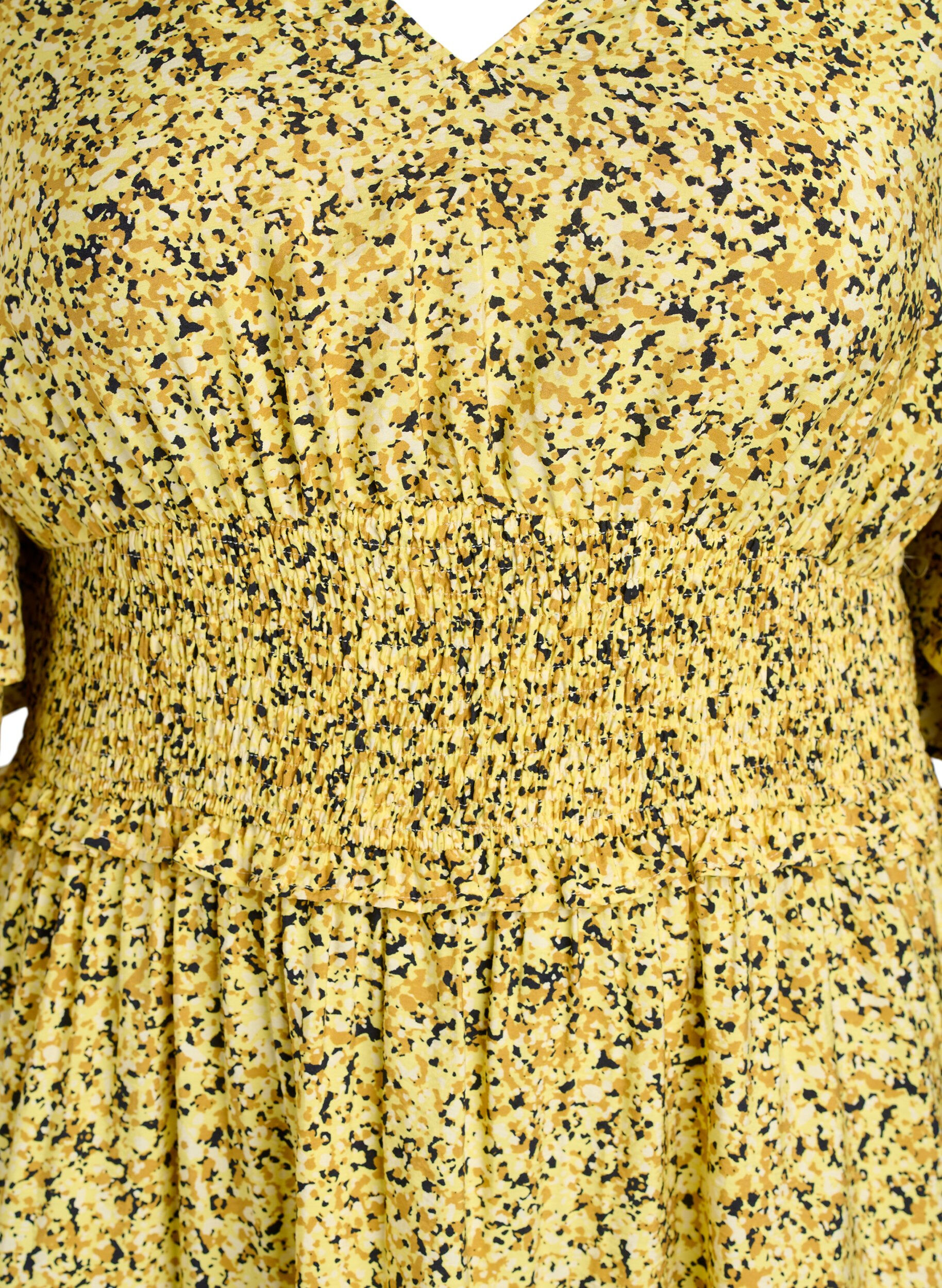Zizzi Robe midi smock&eacute;e avec manches &agrave; volants, Jaune, Packshot image number 2
