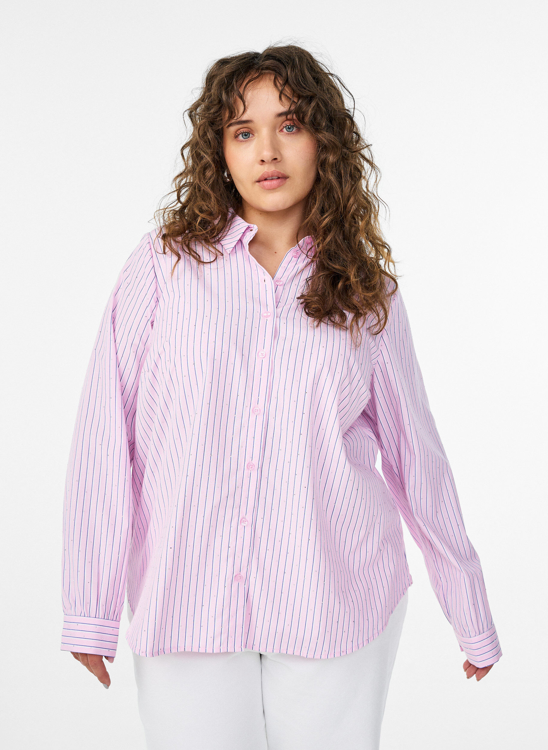Bluse mit Streifen und Nieten, Pink, Model
