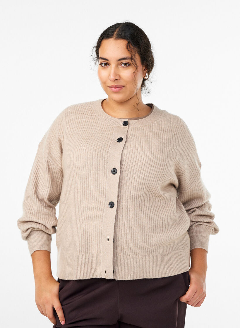 Cardigan en tricot c&ocirc;tel&eacute; avec boutons, Beige, Model image number 0