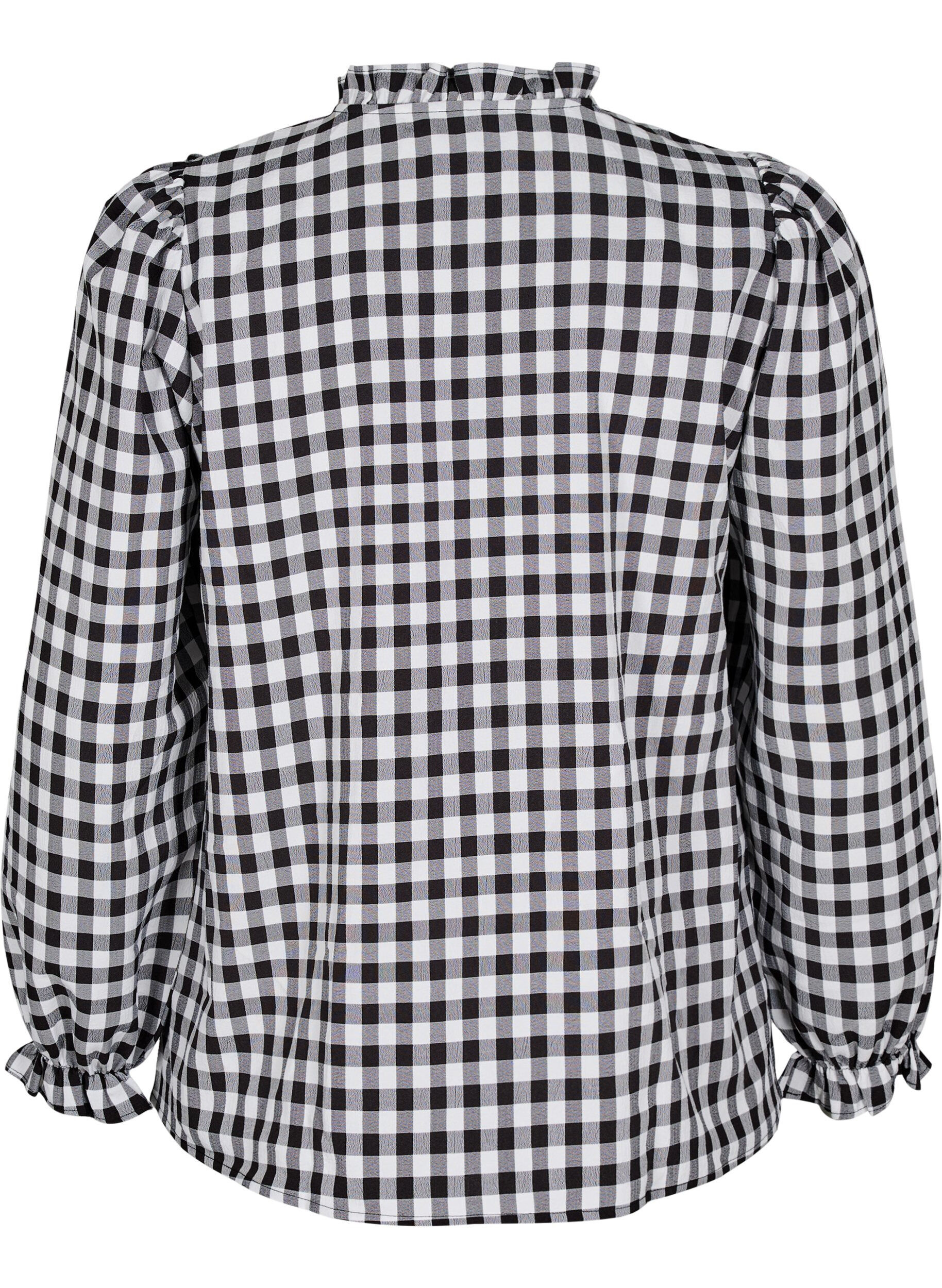 Zizzi Karierte Bluse mit R&uuml;schendetails, Black/W. Gingham, Packshot image number 1