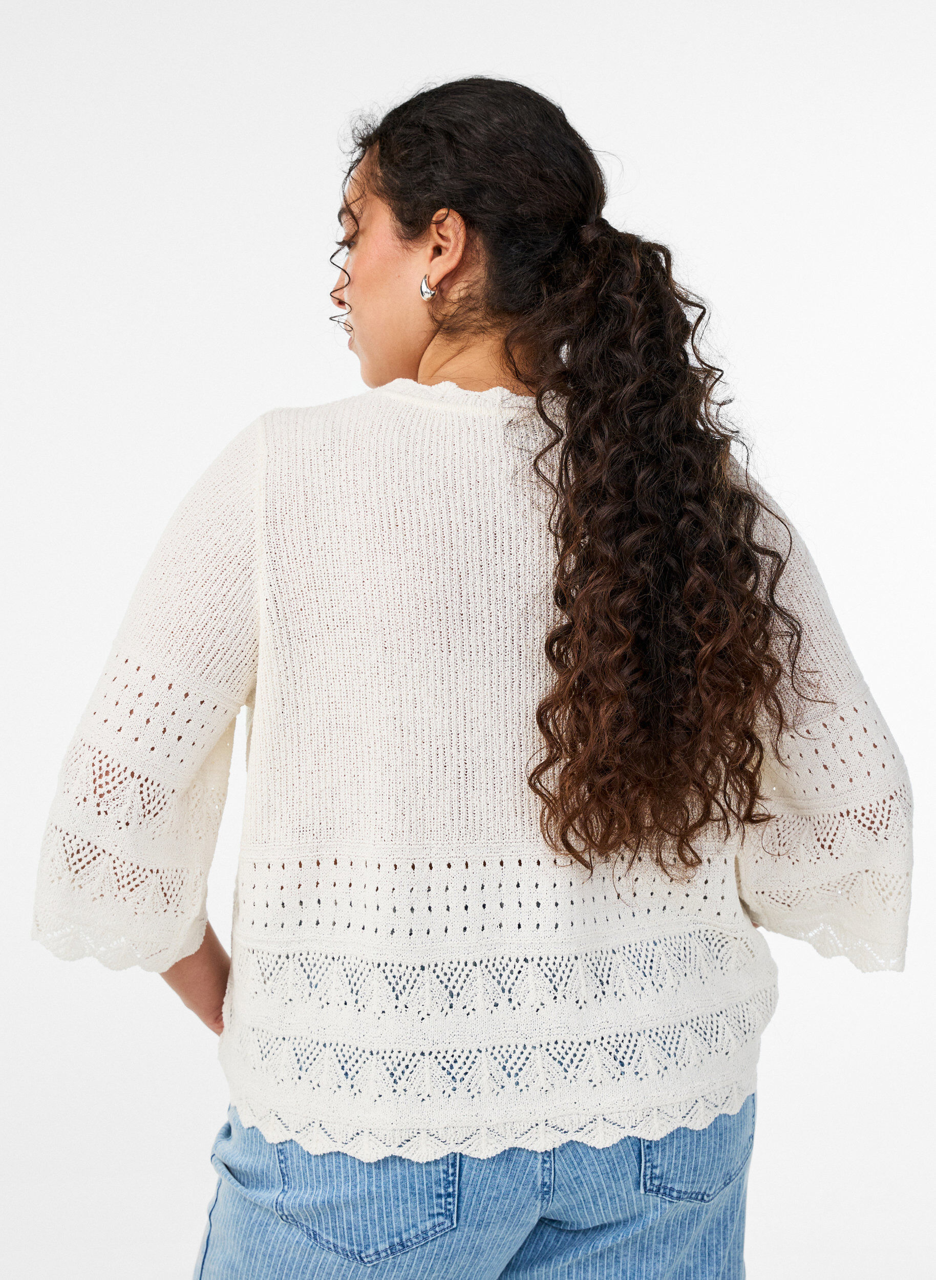 Zizzi Strickbluse mit Lochstickerei und 1/2-&Auml;rmeln, Vanille, Model image number 2