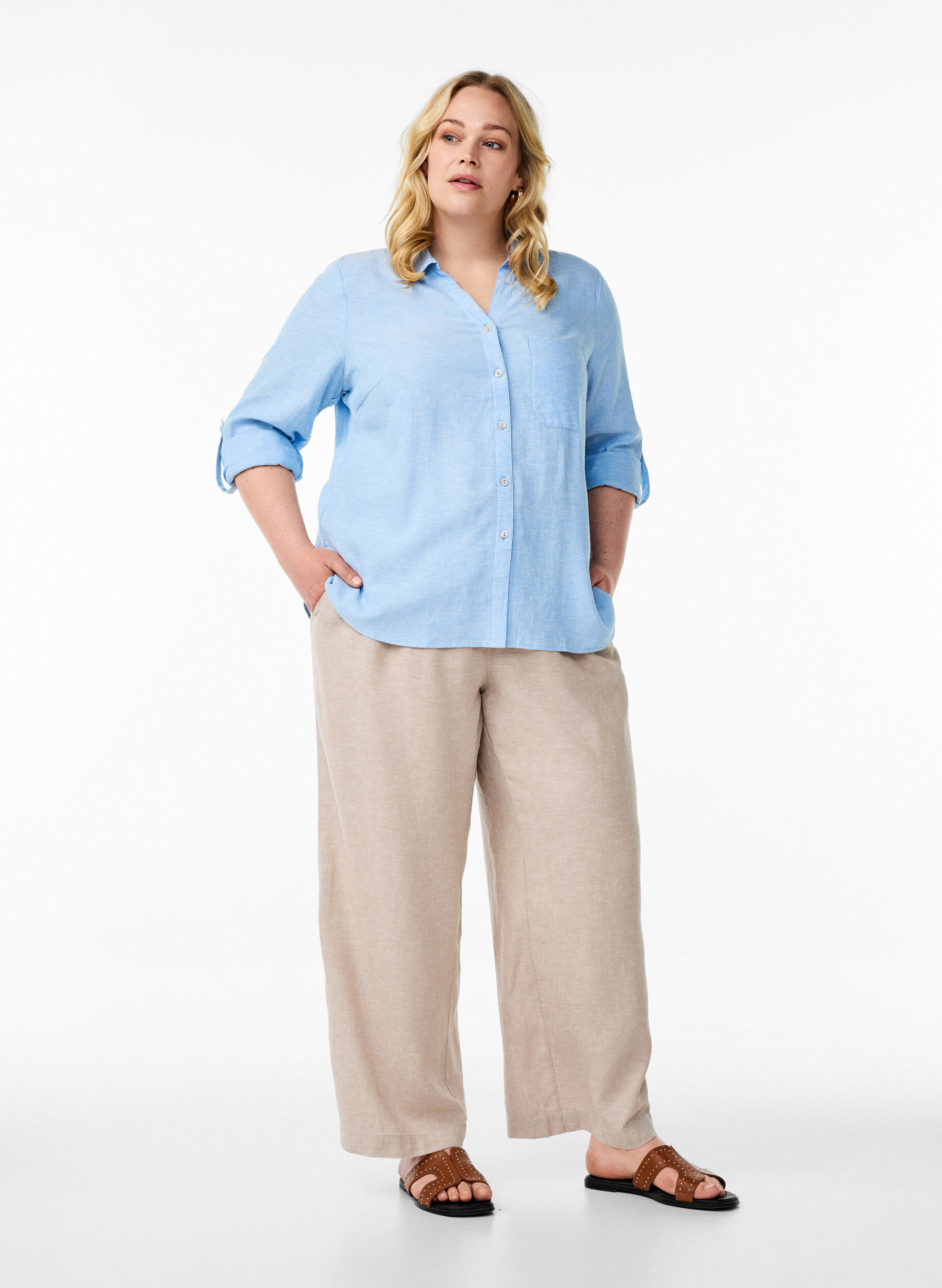 ZizziBluse aus Leinen und Viskose mit 3/4-&Auml;rmeln, Blau, Model image number 1