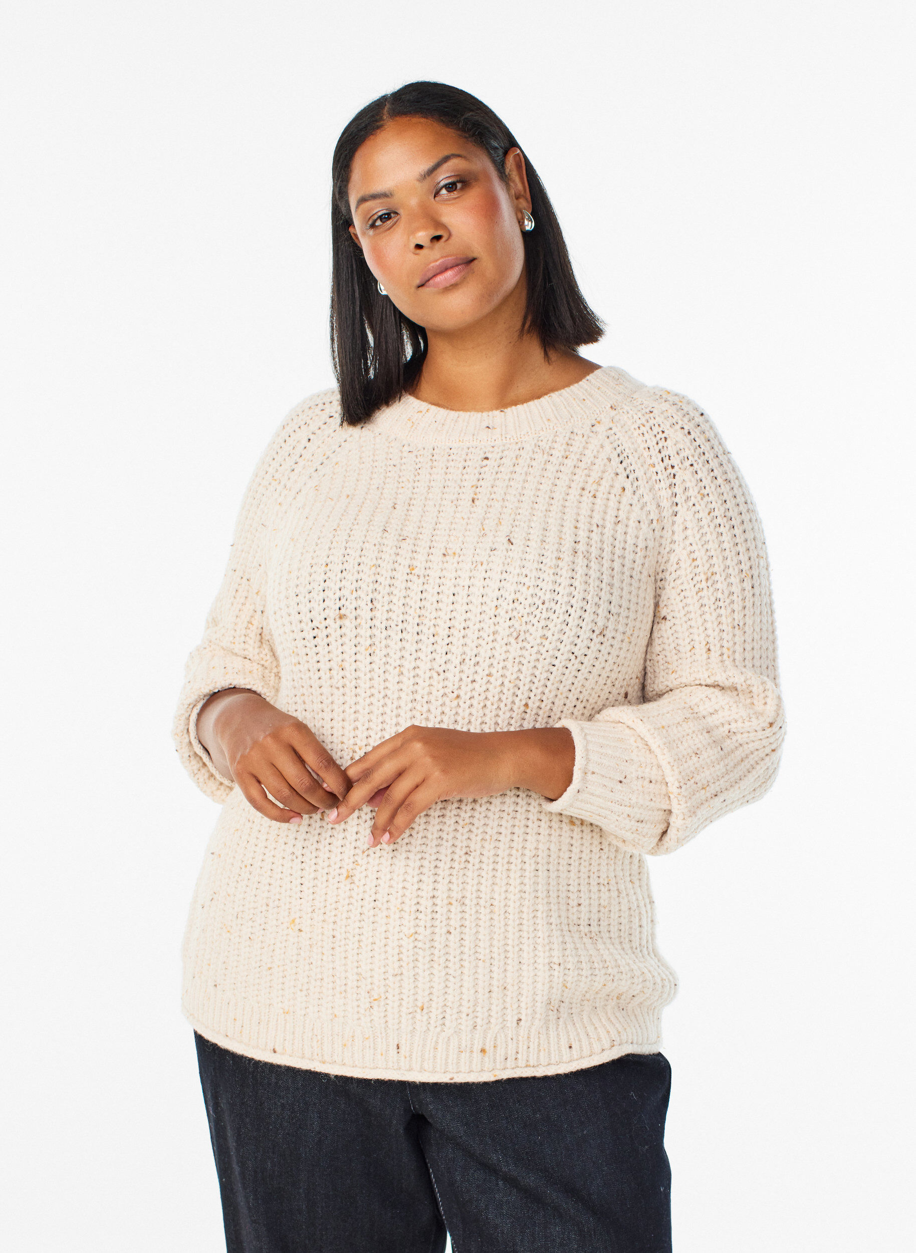 Pull en maille avec manches raglan, Beige, Model