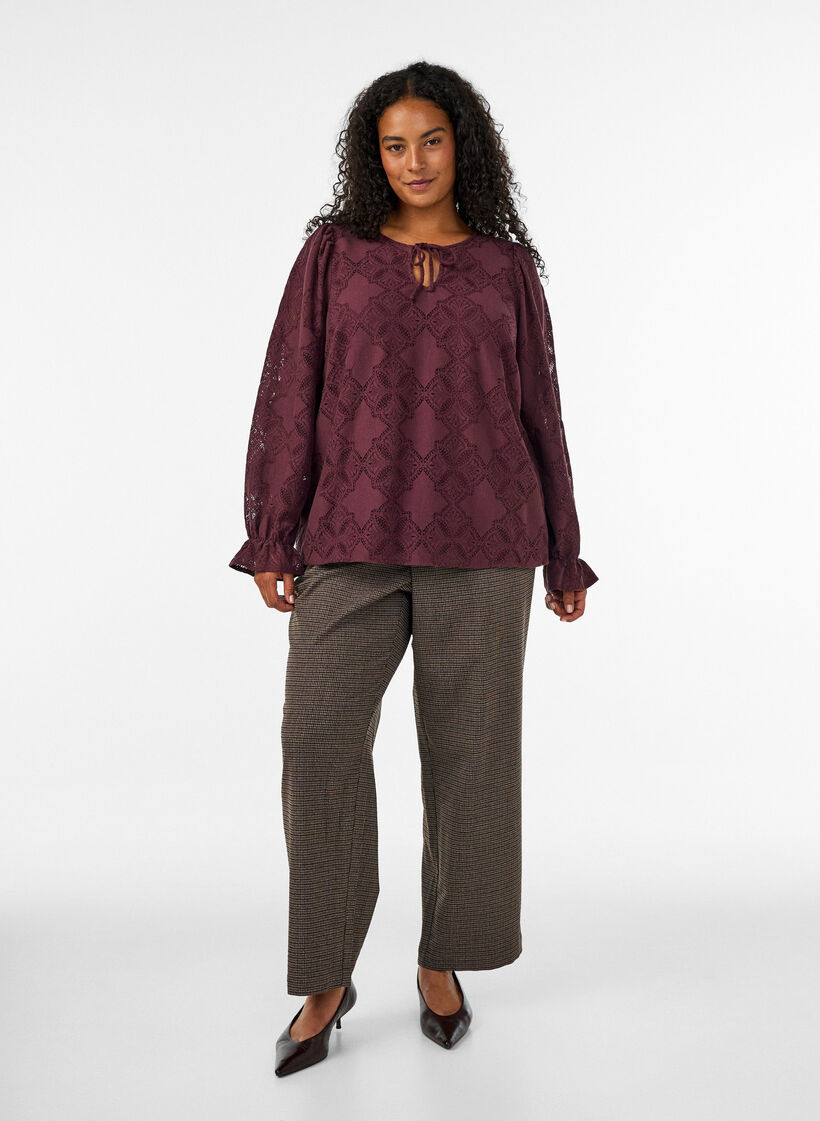 Blouse en dentelle &agrave; manches longues, Bordeaux fonc&eacute;, Model image number 1