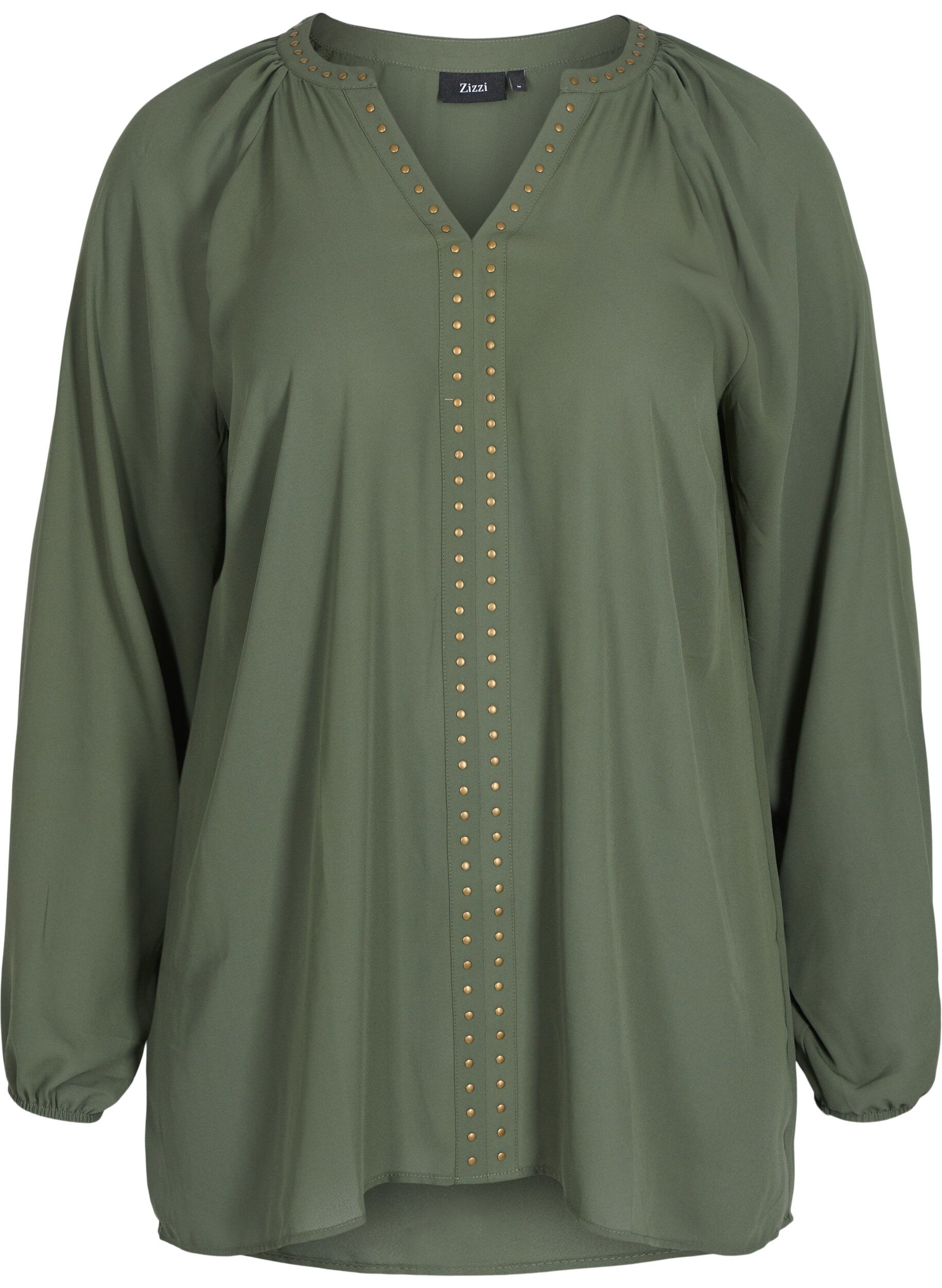 Zizzi Blouse &agrave; manches longues avec col en V et clous, Thyme, Packshot image number 0