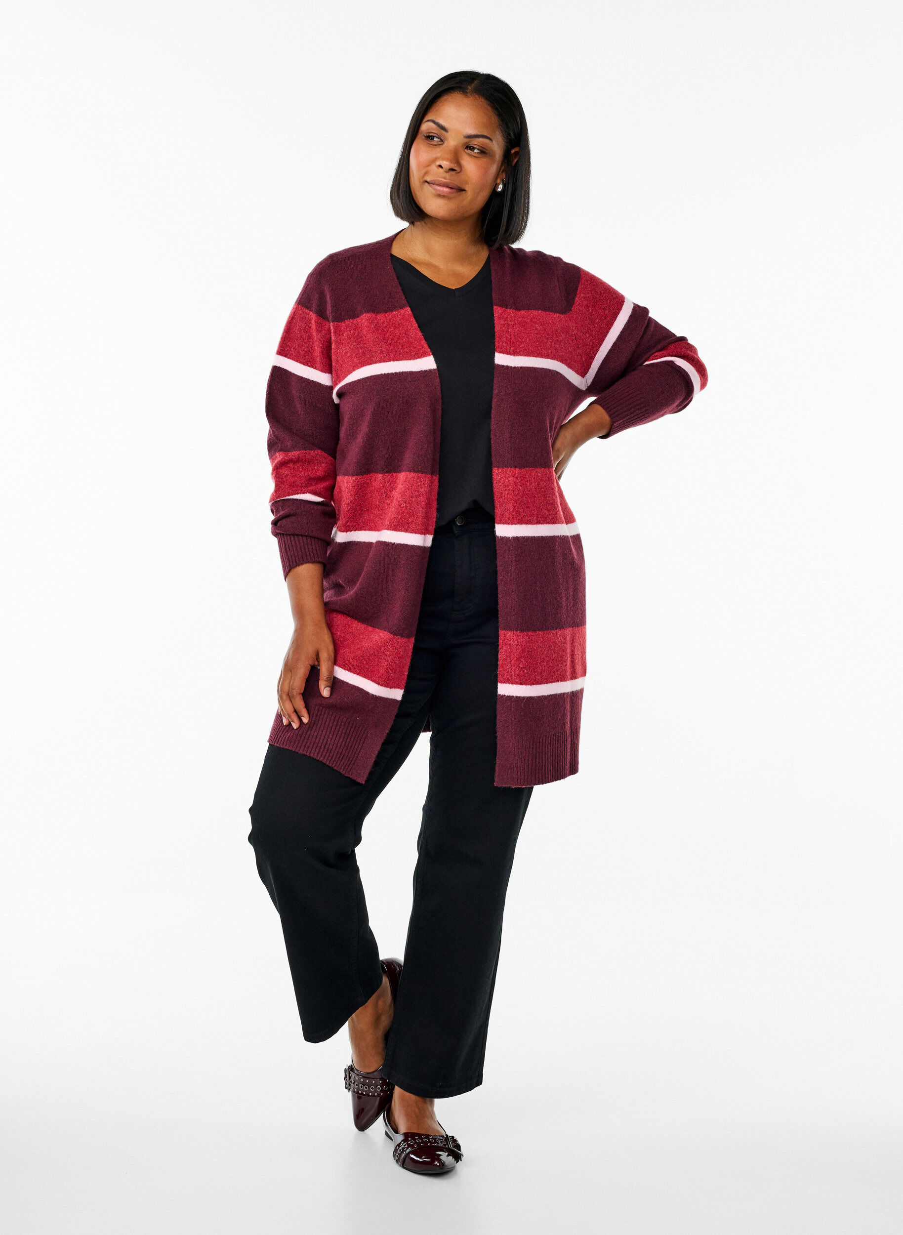 Zizzi Lange Strickjacke mit breiten Streifen, Dunkles Bordeaux, Model image number 1