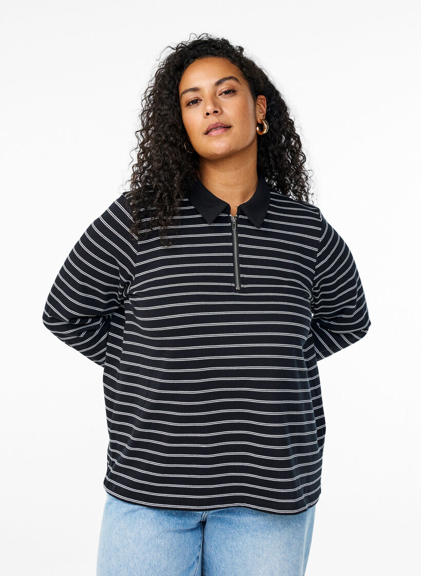 Polo rayé avec fermeture éclair, Noir, Model image number 0