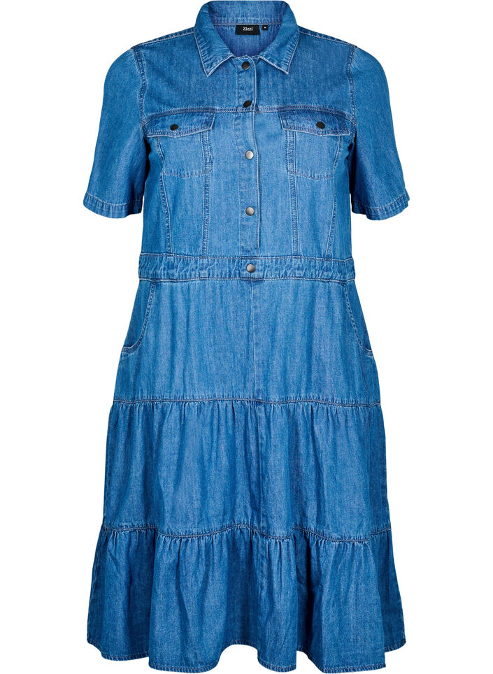 Jeanskleid in Midilänge mit Knöpfen und kurzen Ärmeln, Blau, Packshot image number 0