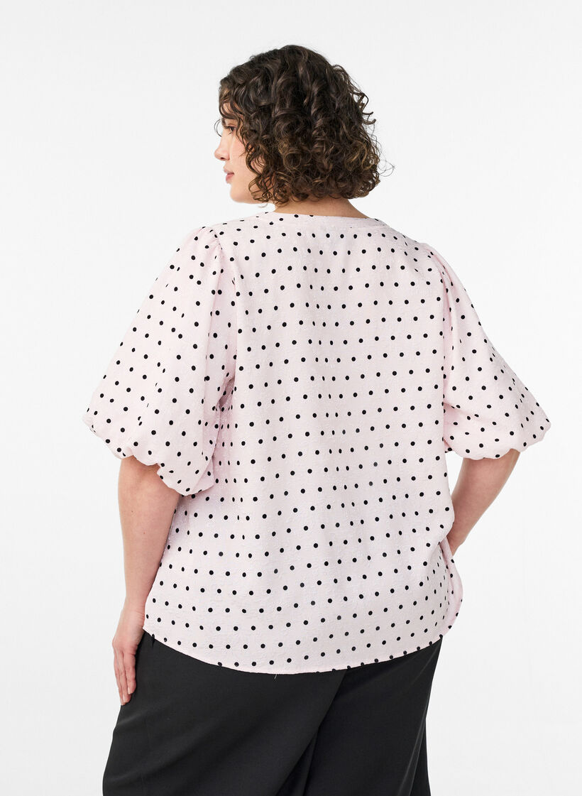 Blouse &agrave; pois et manches ballon, Rose, Model image number 2
