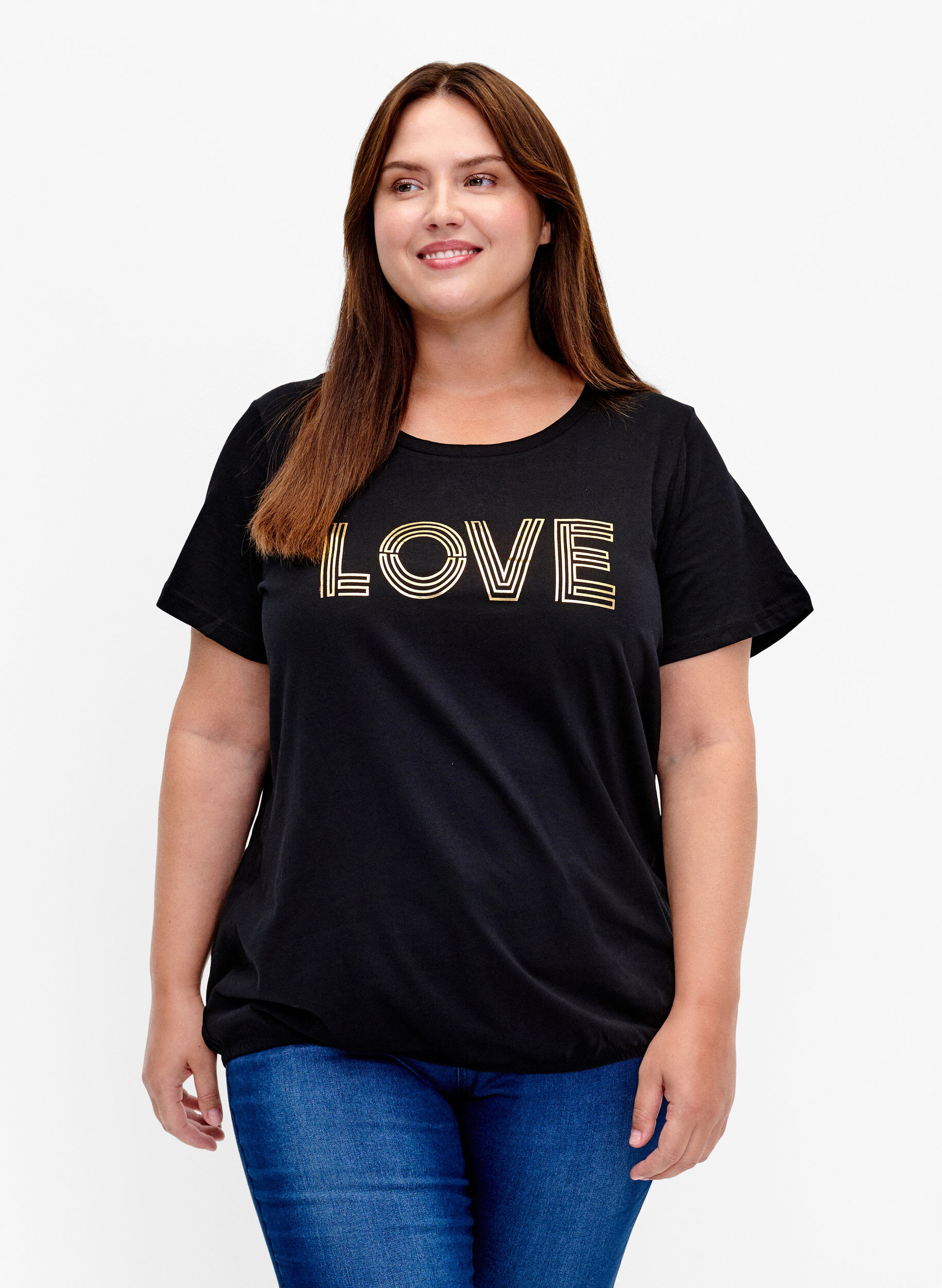 Zizzi T-shirt en coton avec imprim&eacute; m&eacute;tallis&eacute;, Black W. Love, Model image number 0