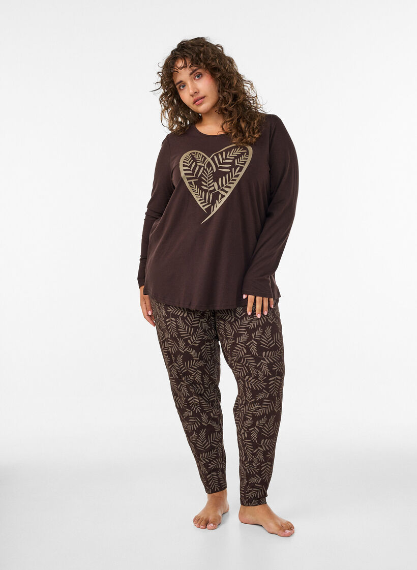 Haut de pyjama en coton &agrave; imprim&eacute; c&oelig;urs, Marron, Model image number 1