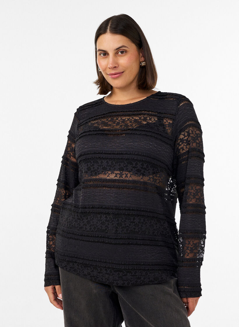 Bluse aus Spitze mit langen &Auml;rmeln, Schwarz, Model image number 0