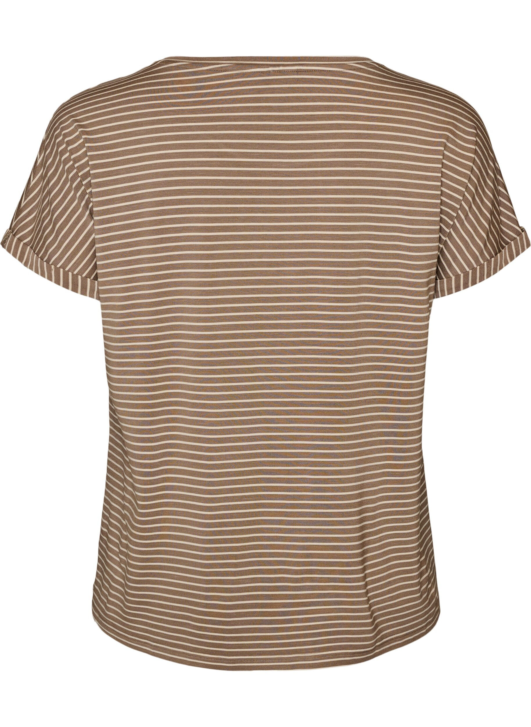 ZizziGestreiftes T-Shirt aus Viskose mit Rundhalsausschnitt, Beige, Packshot image number 1
