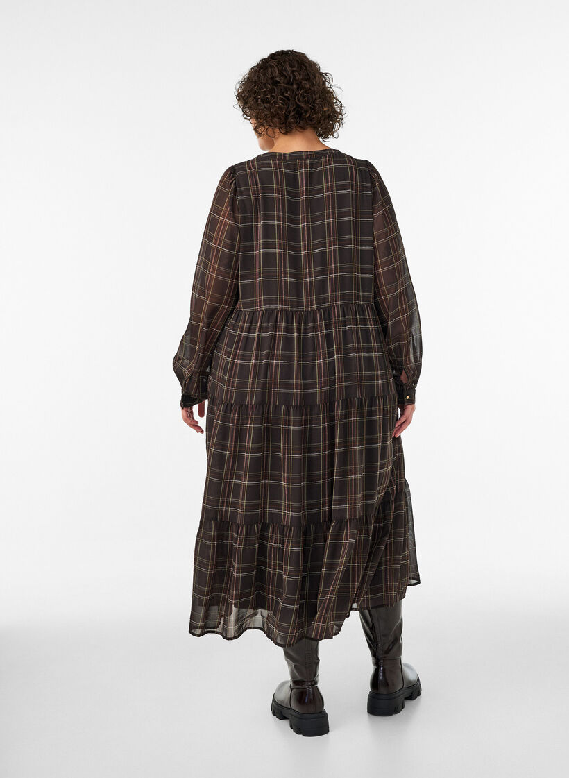 Robe midi &agrave; carreaux avec une jupe &agrave; volants, Marron, Model image number 1