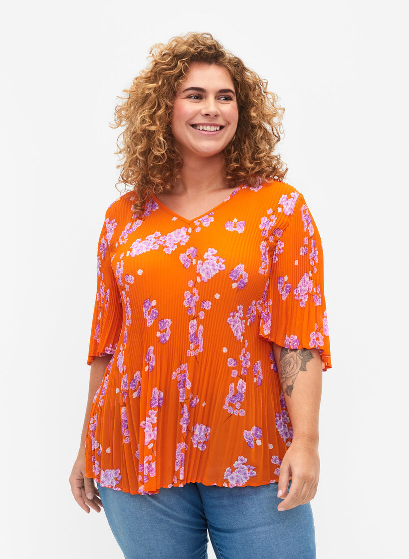 Blumige, plissierte Bluse, Exuberance Flower, Model image number 0