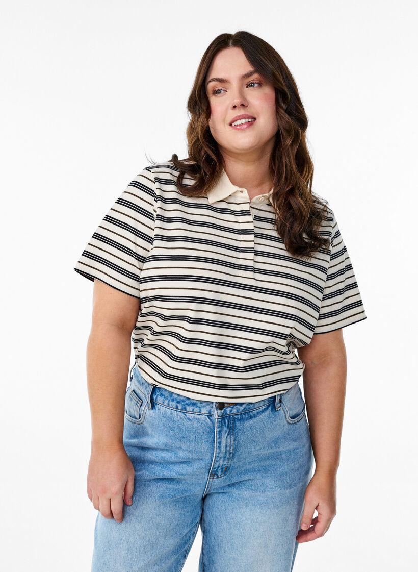 Polo rayé à manches courtes, Blanc, Model image number 0