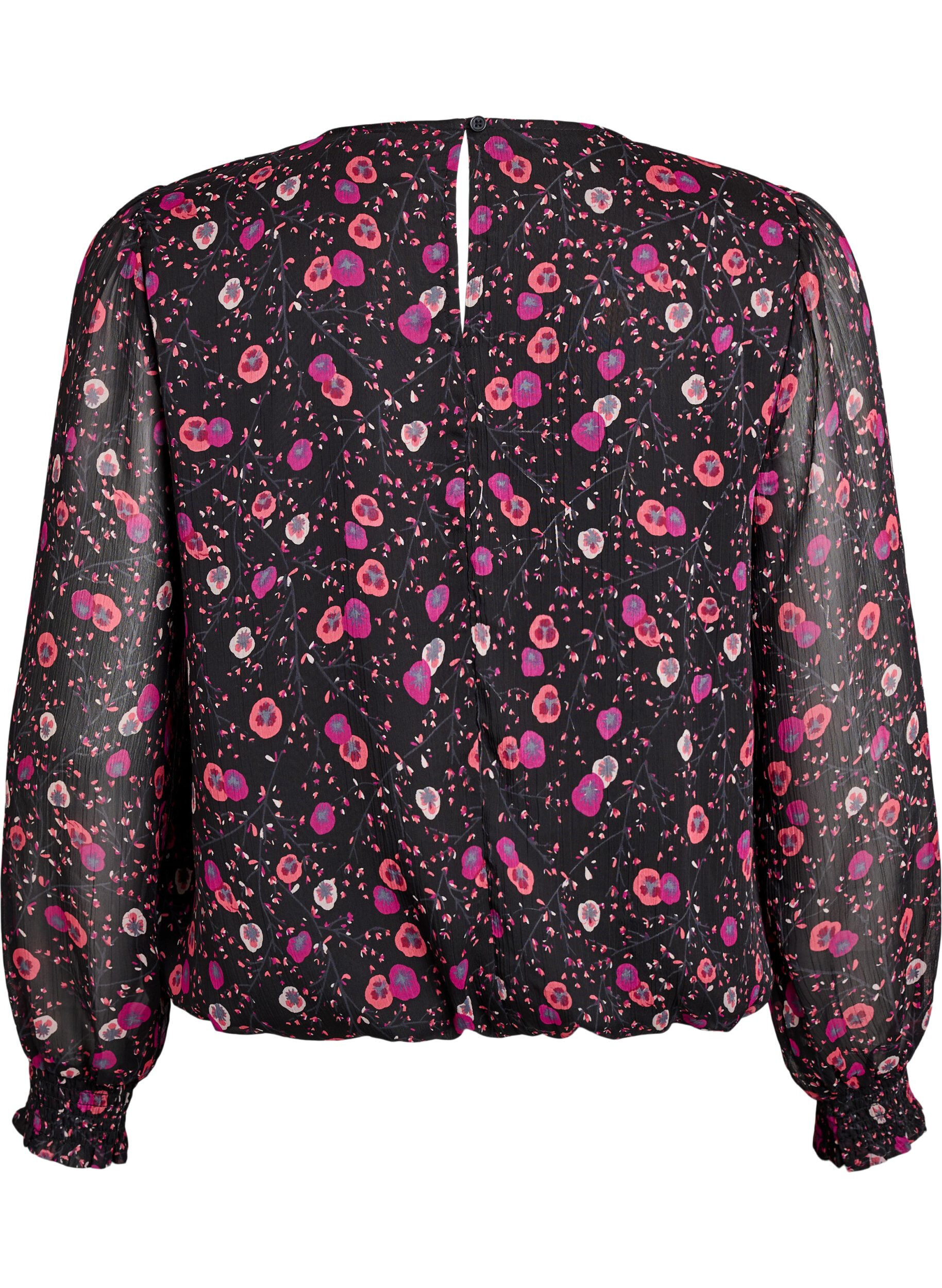 ZizziBlouse fleurie en mousseline &agrave; manches transparentes, Noir, Packshot image number 1