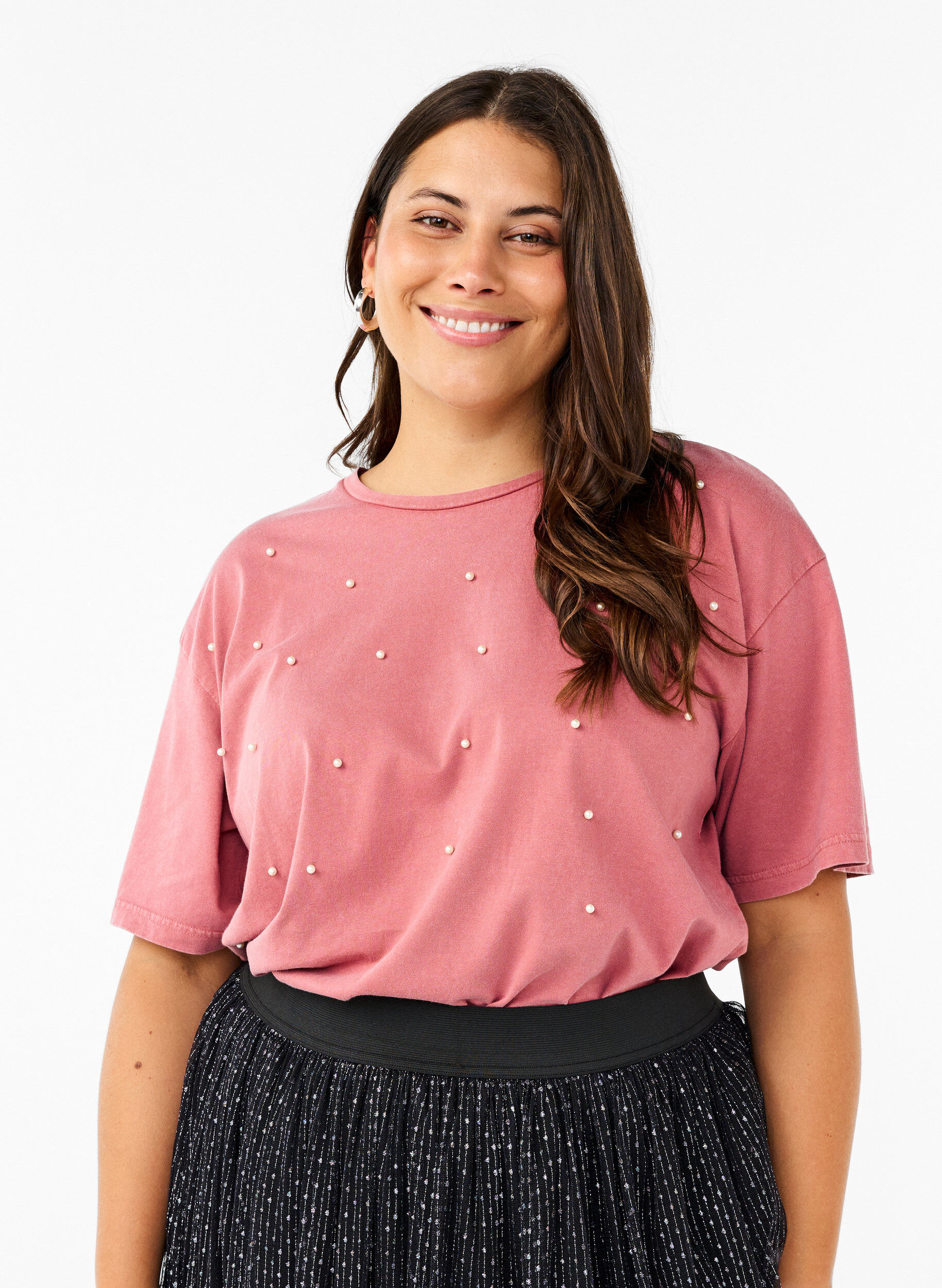 Zizzi T-shirt avec perles, Heather Rose Washed, Model image number 0
