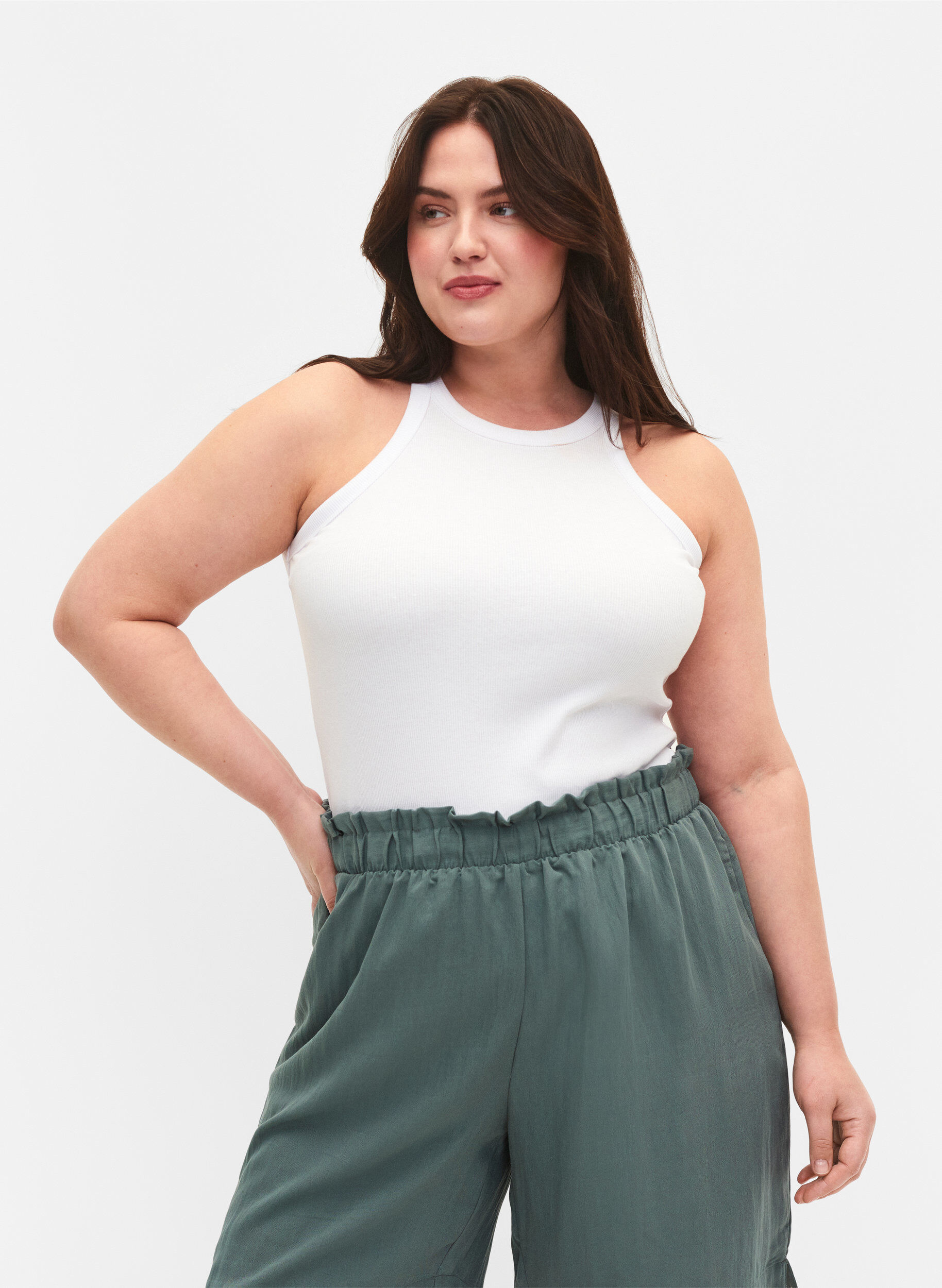 Zizzi Geripptes Tanktop aus Baumwolle, Bright White, Model image number 0