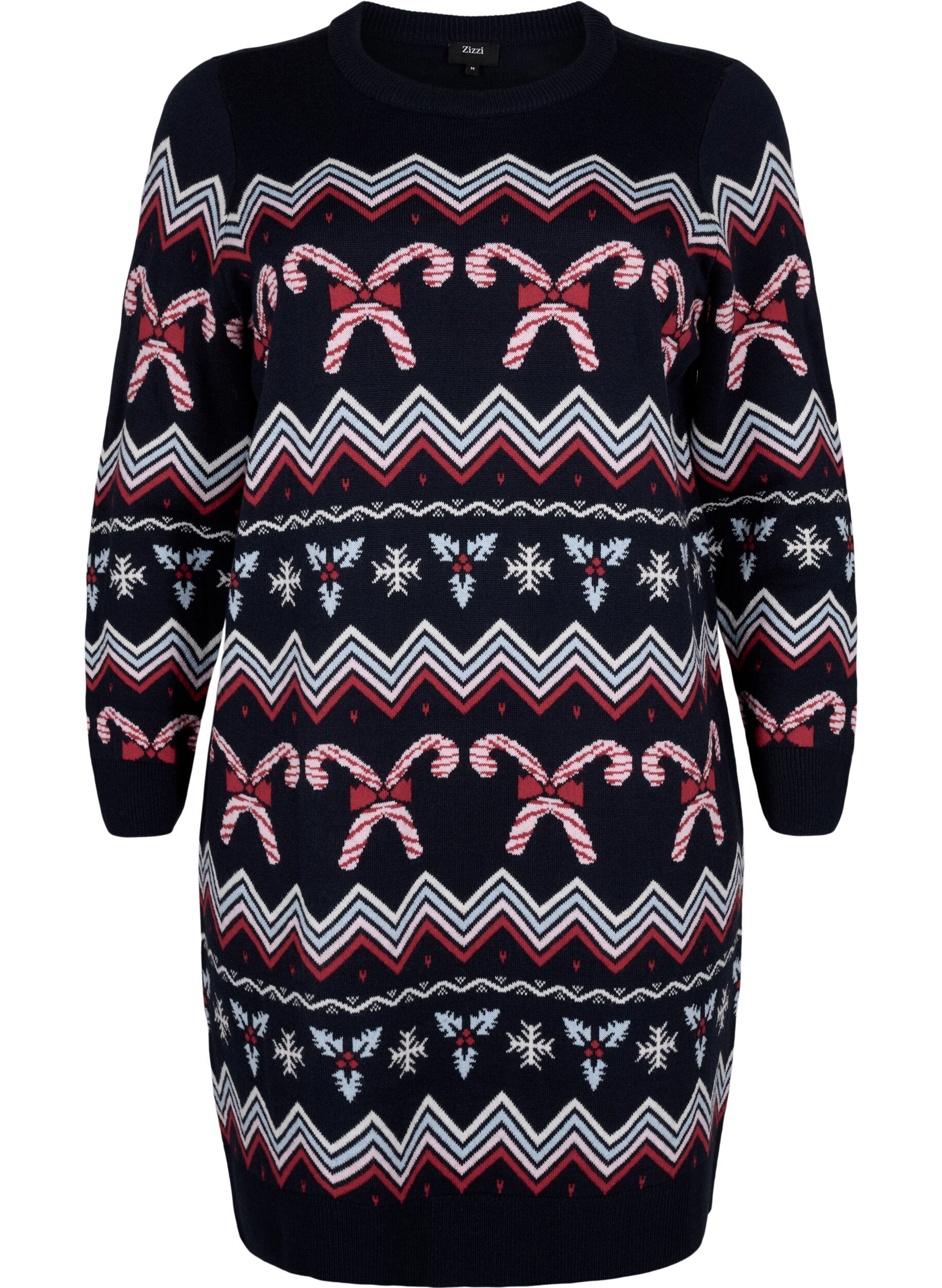 Zizzi Robes tricot&eacute;es &agrave; manches longues avec un motif de No&euml;l, Navy Blazer Comb, Packshot image number 0