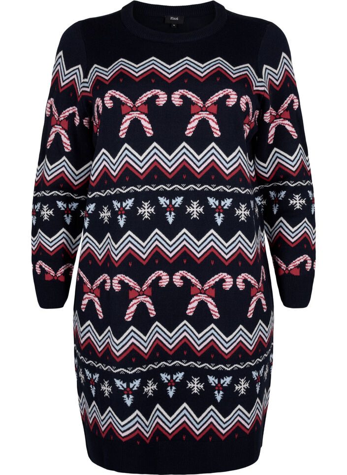 Strickkleid mit Weihnachtsmotiv und langen Ärmeln, Navy Blazer Comb, Packshot image number 0