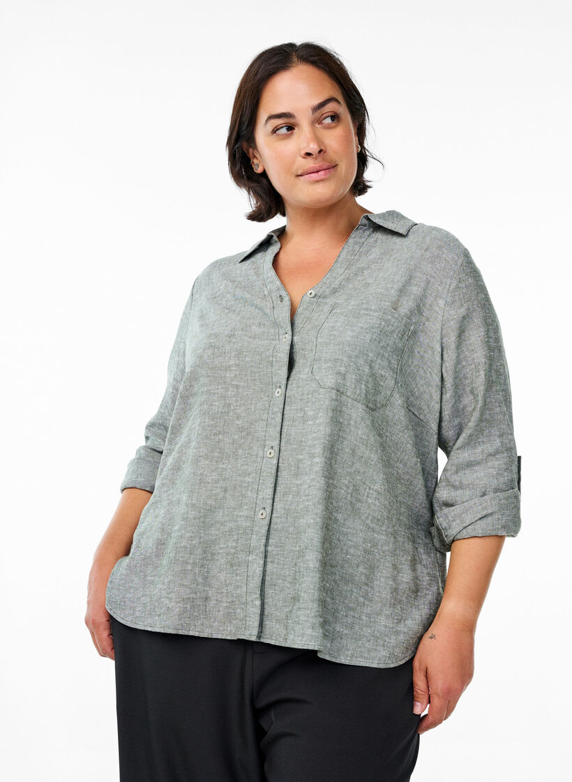 Bluse aus Leinen und Viskose mit 3/4-&Auml;rmeln, Gr&uuml;n, Model image number 0