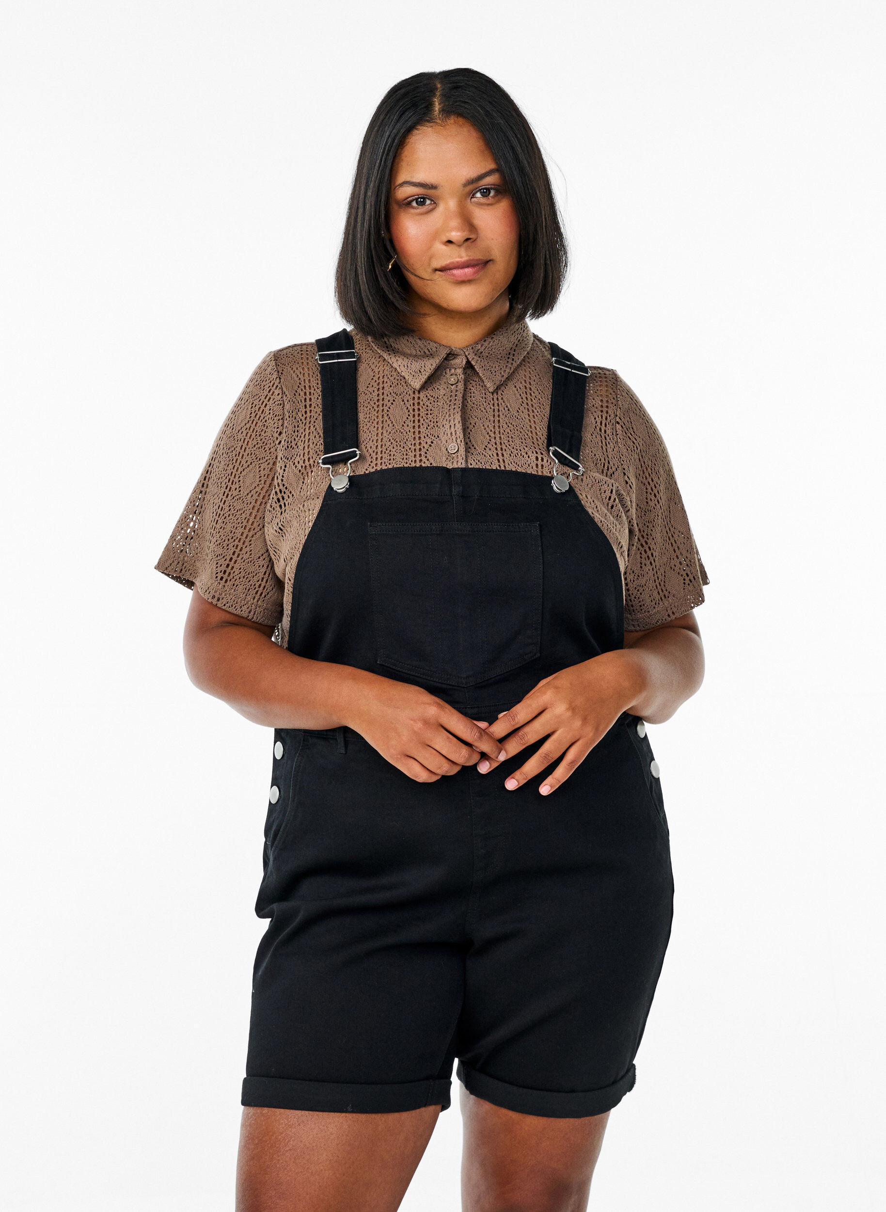 Denim Overalls Kurze Hosen, Schwarz, Model