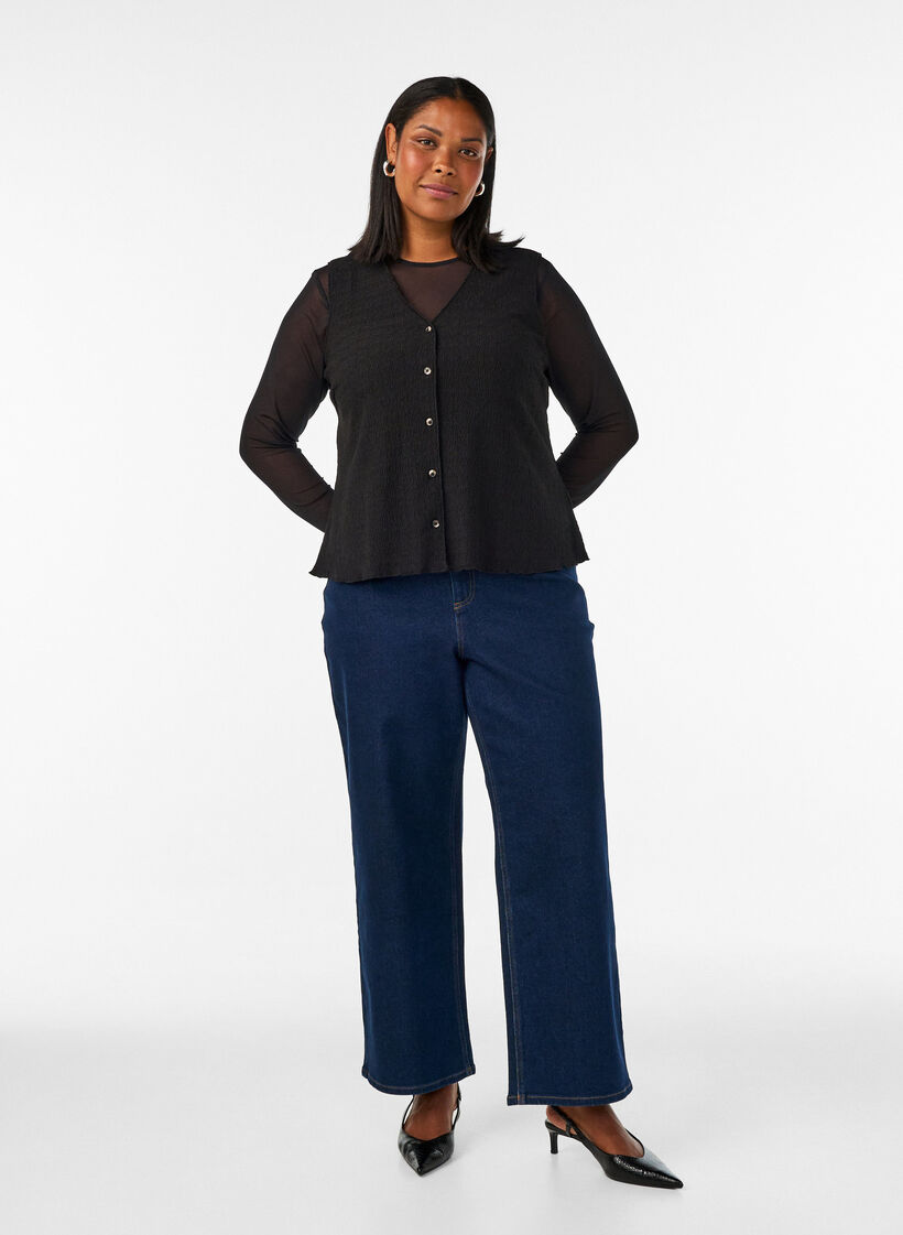 Top sans manches &agrave; texture ondul&eacute;e et fermeture boutonn&eacute;e, Noir, Model image number 1