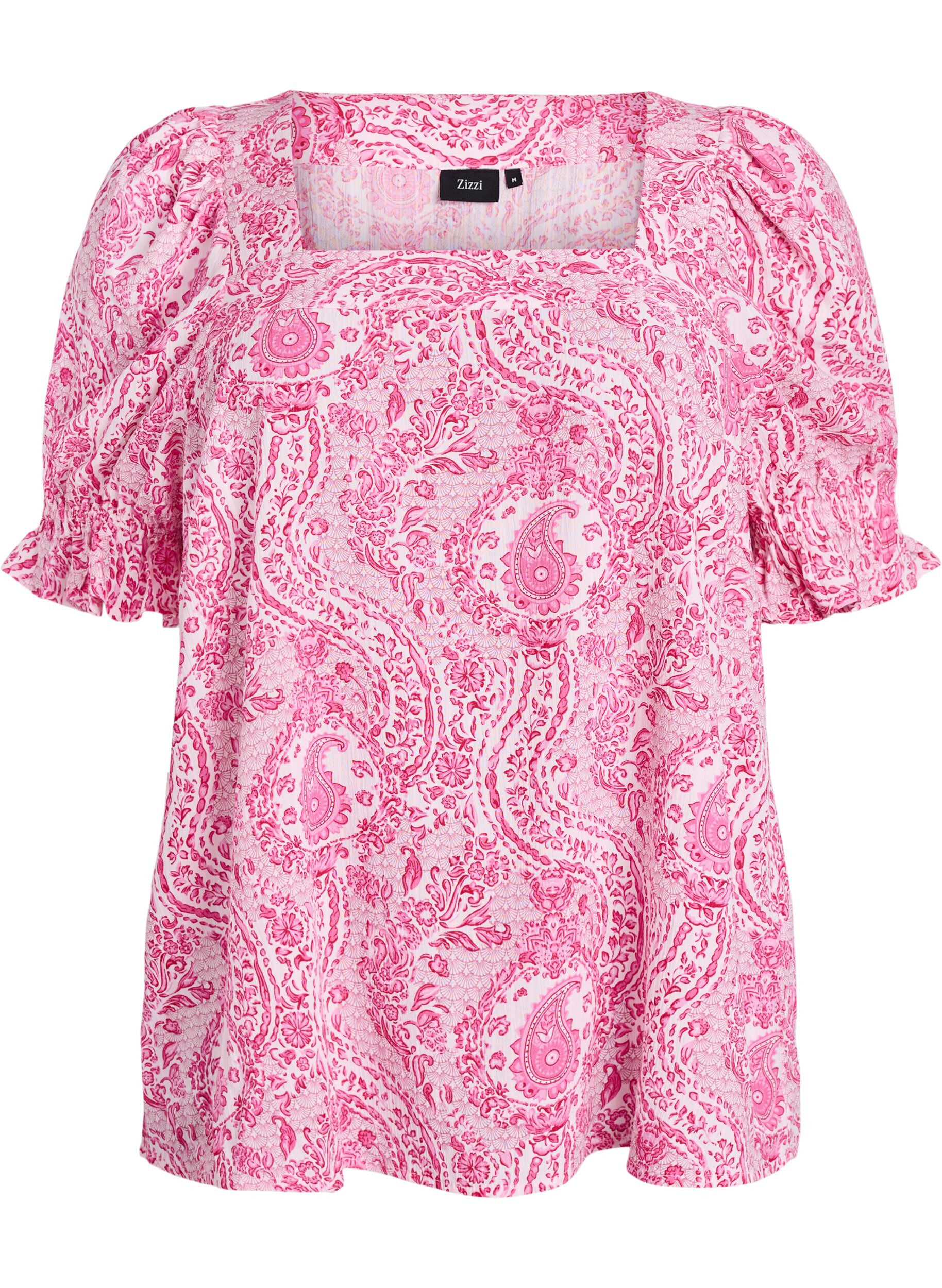 Zizzi Viskose-Bluse mit Paisley-Print und eckigem Ausschnitt, Pink, Packshot image number 0