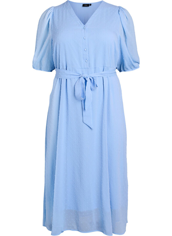 Midi-Kleid mit V-Ausschnitt und Bindeband, Blau, Packshot image number 0