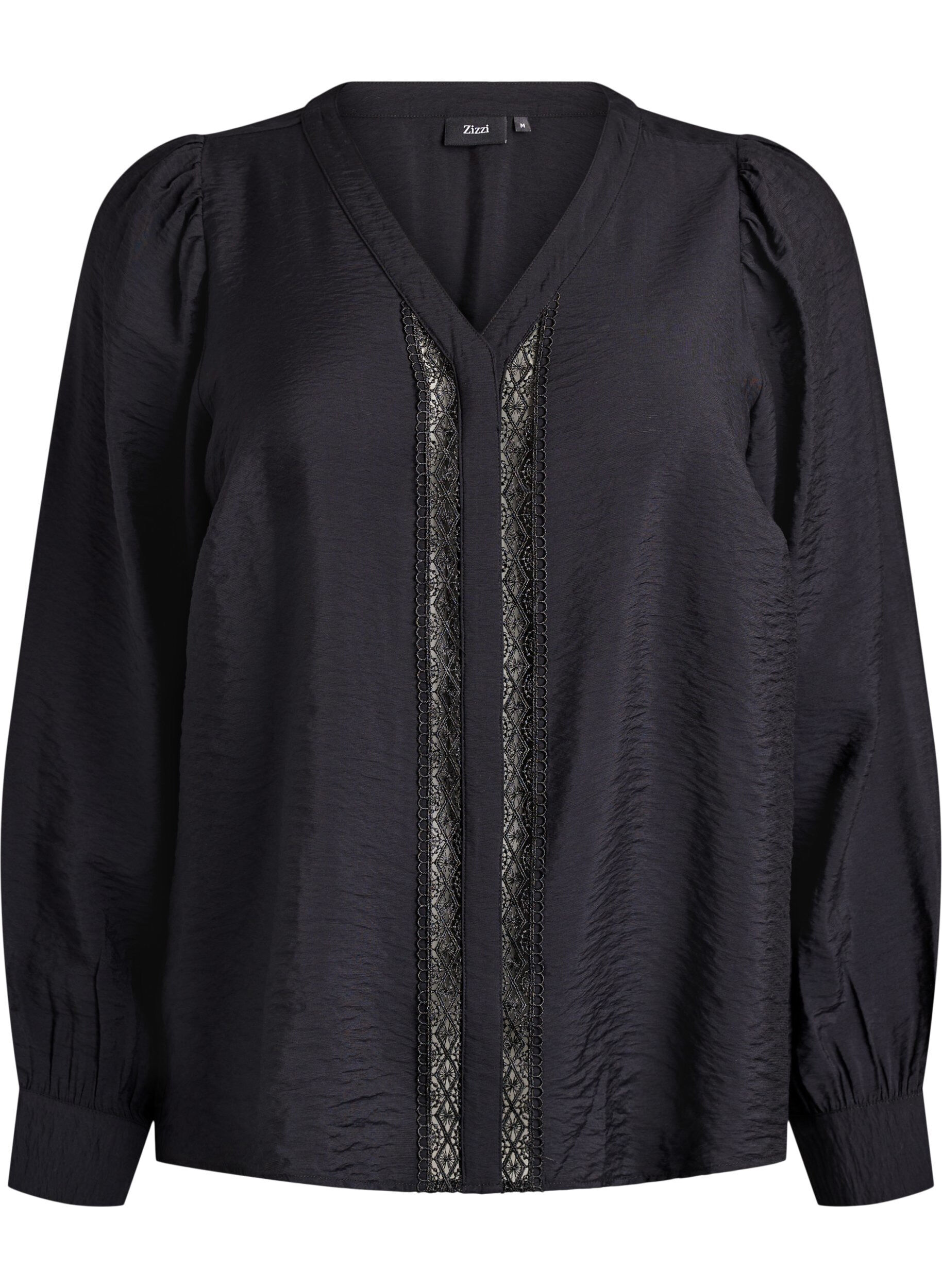 Zizzi Bluse mit V-Ausschnitt und bestickten B&auml;ndern, Schwarz, Packshot image number 0