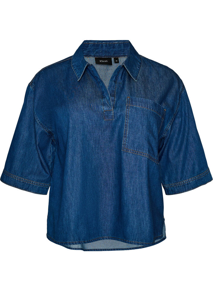 Jeansbluse mit Brusttasche und ellenbogenlangen &Auml;rmeln, Blau, Packshot image number 0