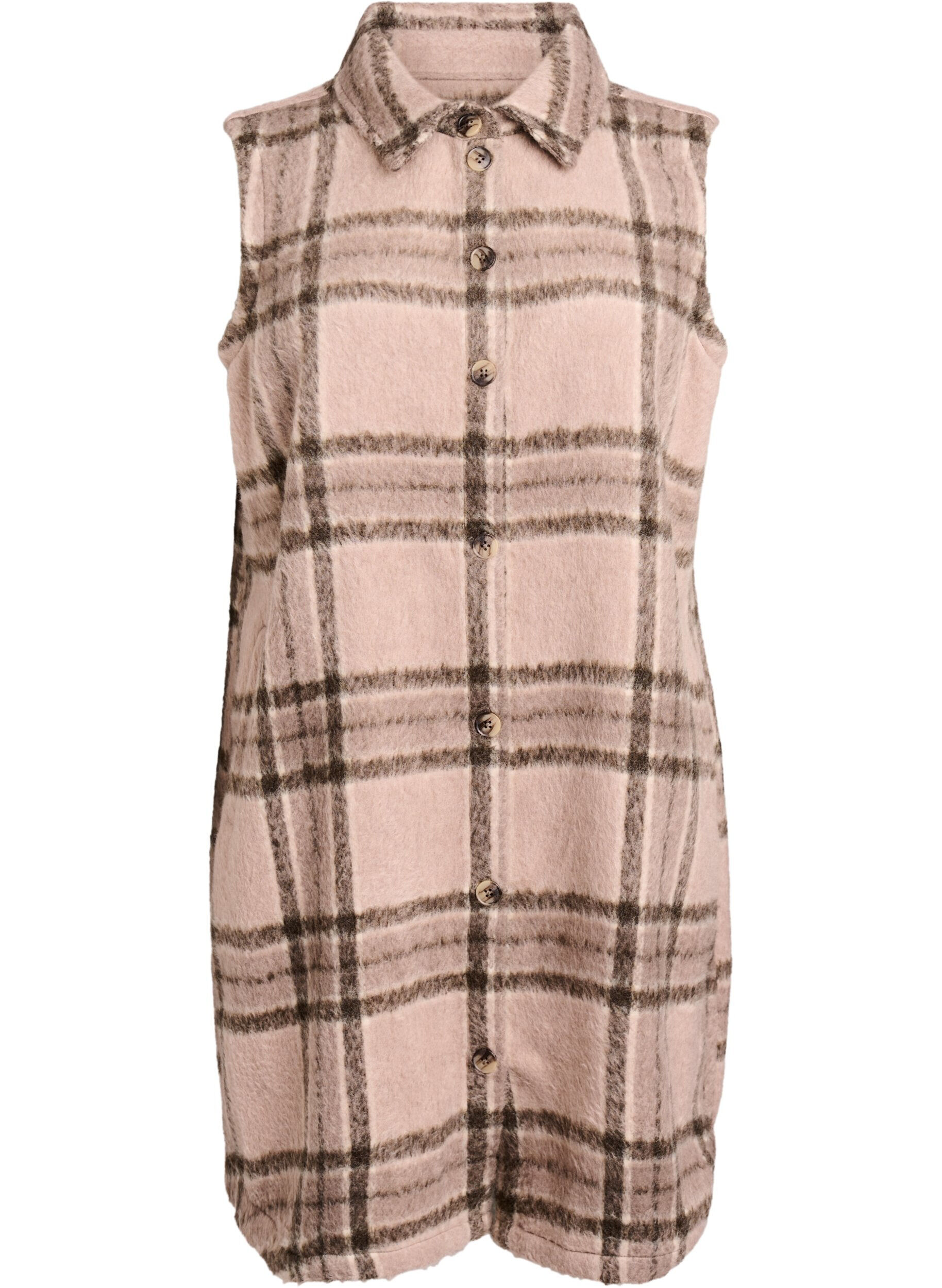 Gilet long &agrave; carreaux en tissu bross&eacute;