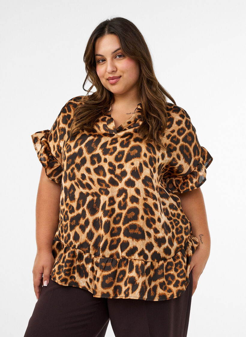 Bluse mit Leopardenmuster und R&uuml;schendetails, Braun, Model image number 0