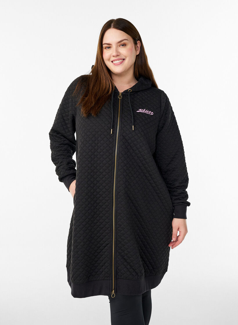 Cardigan matelass&eacute; long avec fermeture &eacute;clair pour le sport, Noir, Model image number 0