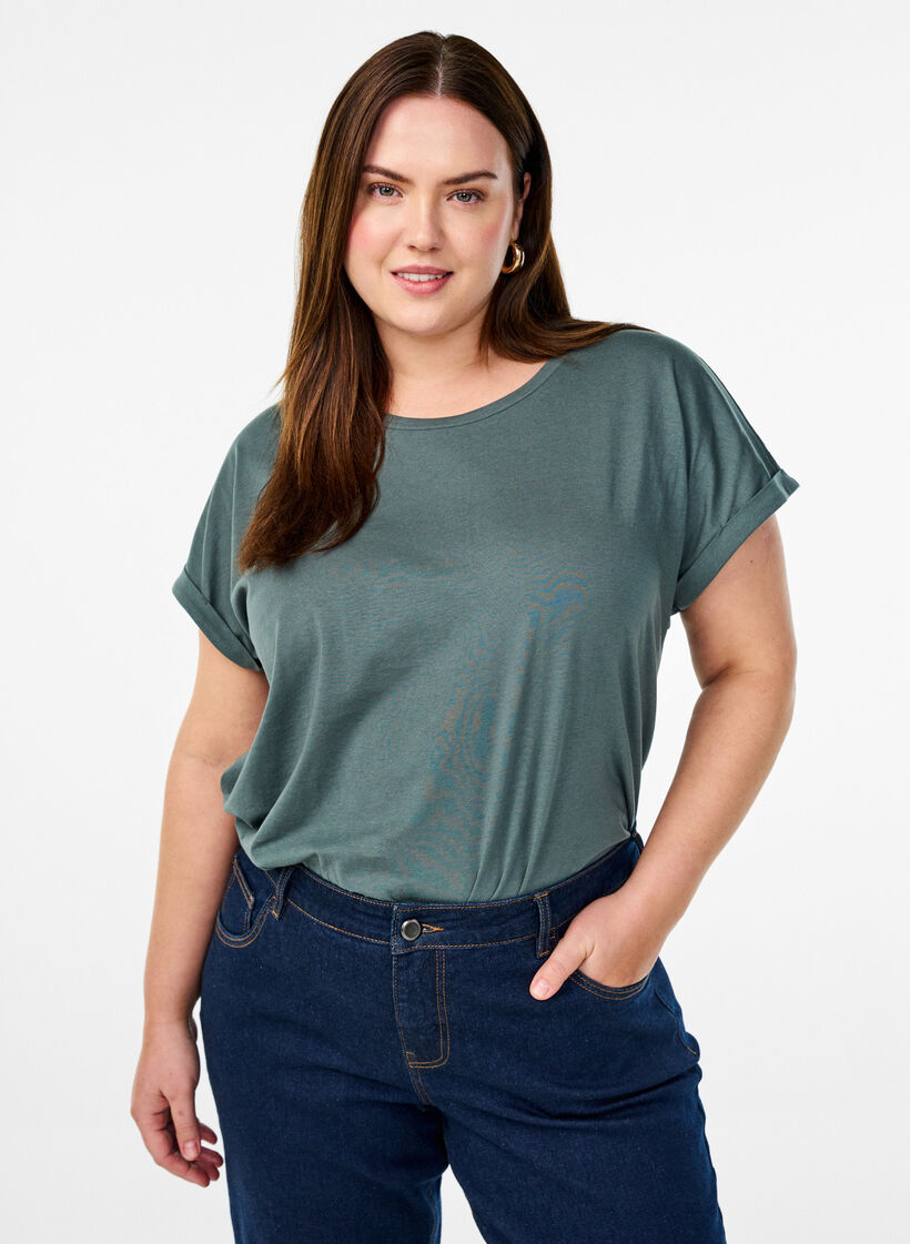 Kurz&auml;rmliges T-Shirt aus einer Baumwollmischung, Gr&uuml;n, Model image number 0