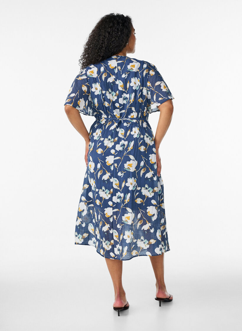 Robe longue avec manches papillon et taille &agrave; nouer, Bleu, Model image number 1
