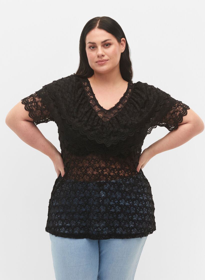 Blouse à manches courtes avec volants, Noir, Model image number 0