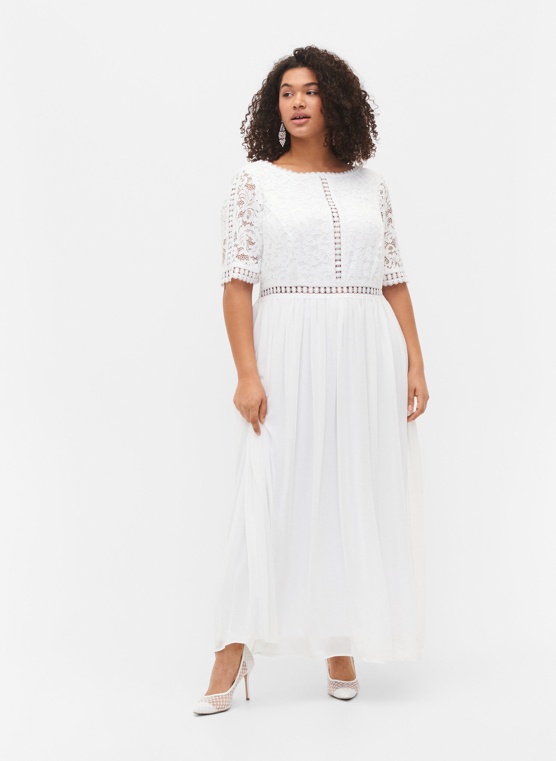 Zizzi Robe longue avec d&eacute;collet&eacute; au dos et manches courtes, Bright White, Model image number 0