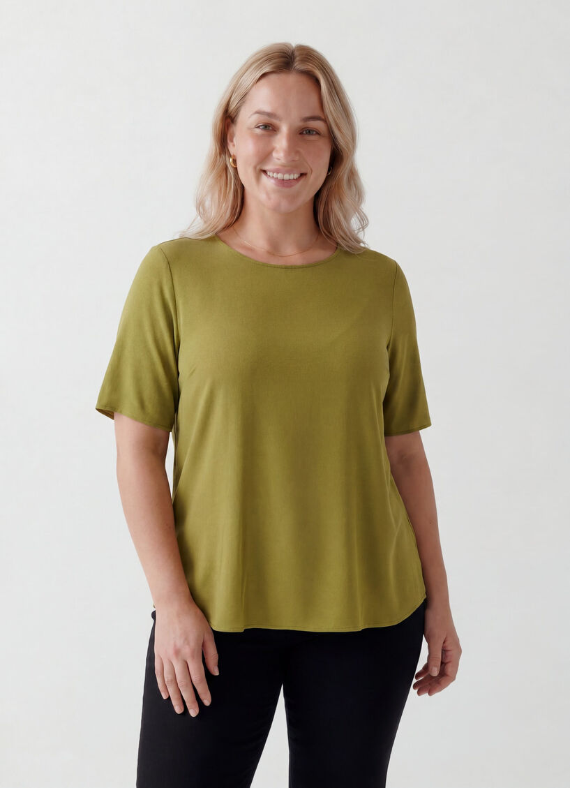 Kurz&auml;rmelige, gewebte Bluse mit Rundhals, Gr&uuml;n, Model image number 0