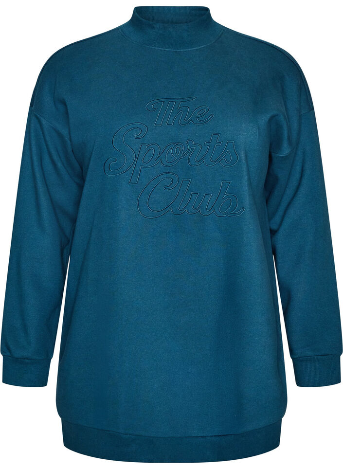 Langes Sweatshirt mit Stehkragen und gesticktem Text, Blau, Packshot image number 0