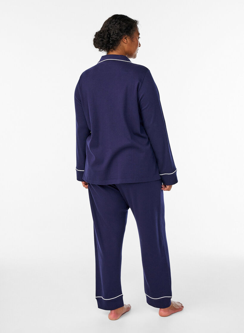 Pantalon de pyjama taille haute en coton, Bleu, Model image number 1