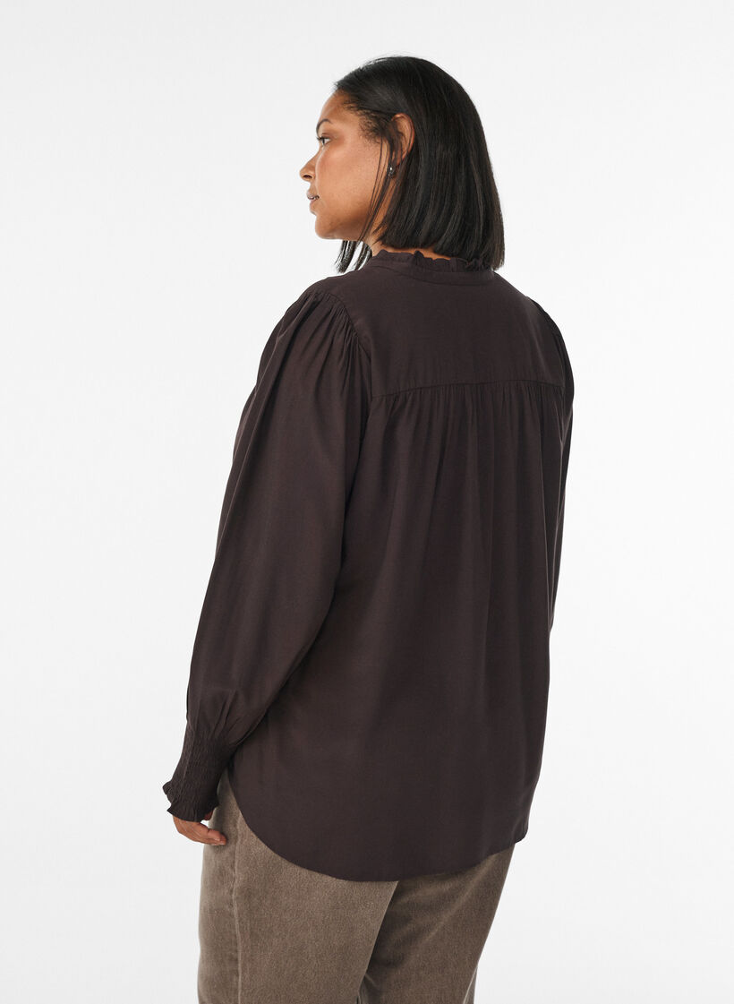 Blouse avec col à volants et fronces, Marron, Model image number 2