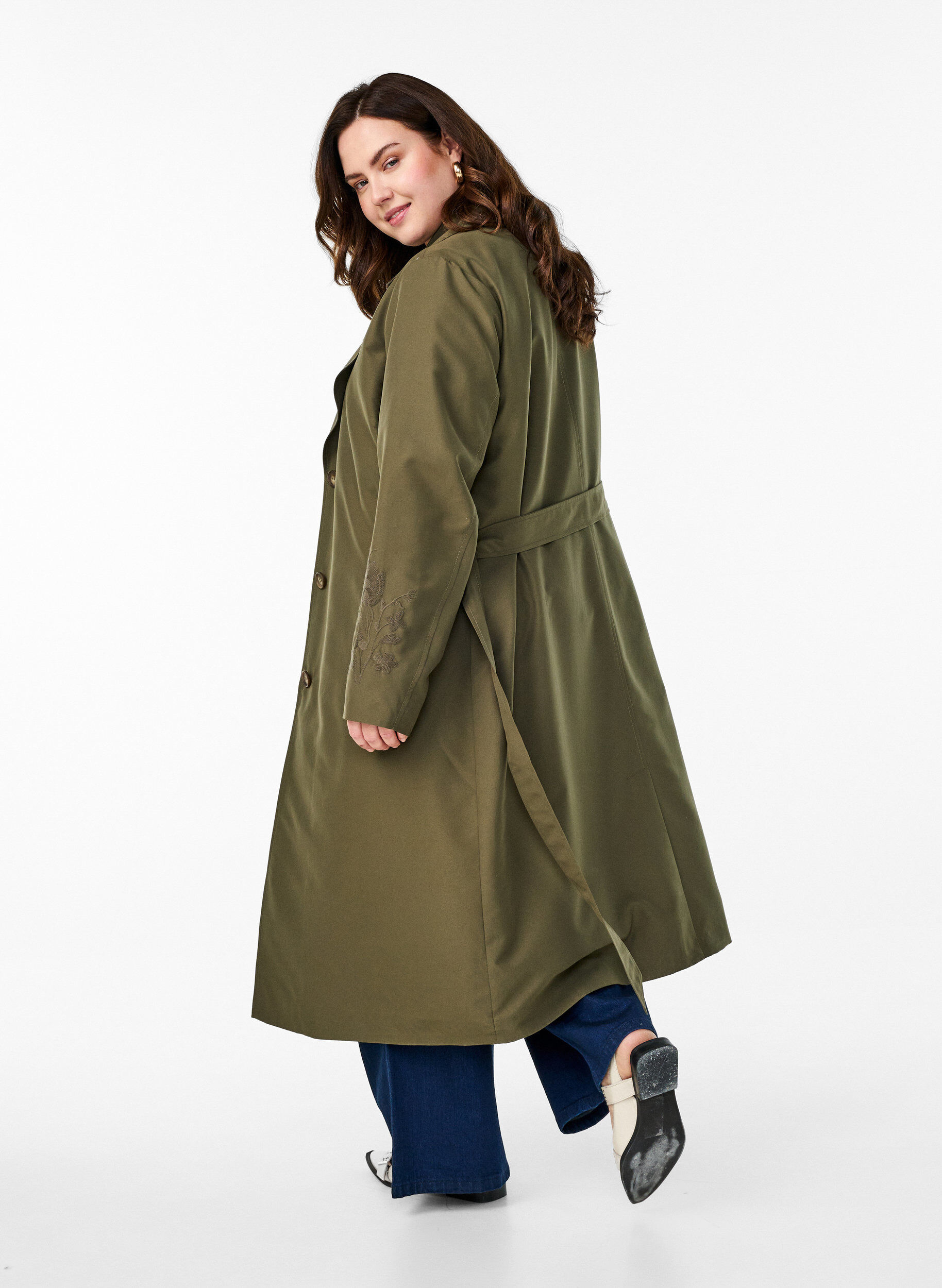 Zizzi Trench long avec broderie, Vert, Model image number 2