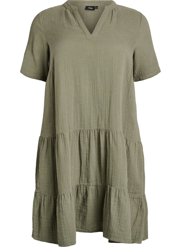 Robe courte &eacute;vas&eacute;e en mousseline de coton, Vert, Packshot image number 0
